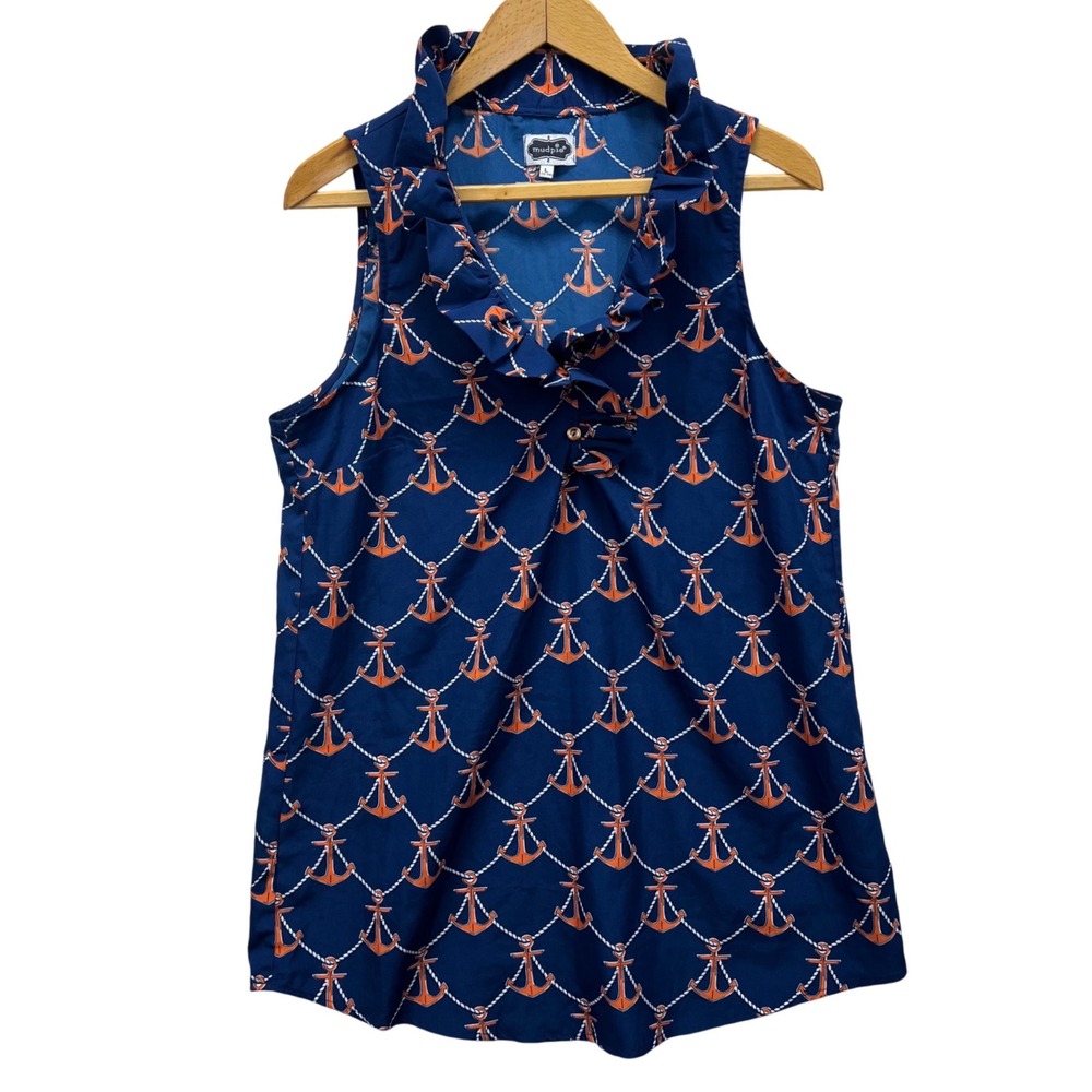 Mud Pie Anchor Print Ruffle Neck Sleeveless Blouse Womens L Navy Blue Orange